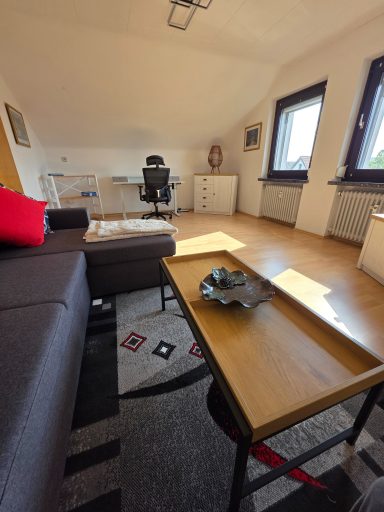 Heller Raum mit Schreibtisch, Bürostuhl, Couch und Tisch auf einem Teppich.